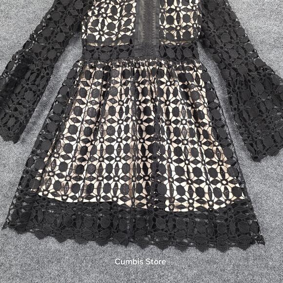 EillyBazar Dress Womens Medium Black Crochet High Neck Bell Sleeve Mini Cocktail - Picture 2 of 13
